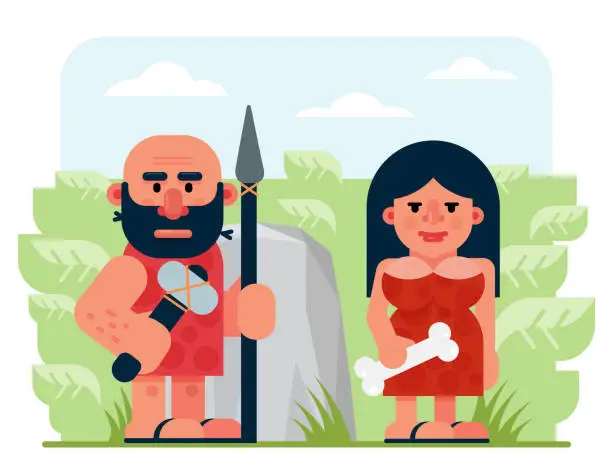 Vector illustration of Bearded prehistoric male hunter with spear and hammer and woman with bone standing near rock and bushes in nature cartoon flat vector illustration.