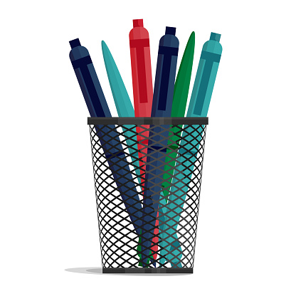 Pen in a holder basket, office desk organizer box, metal grid clerical vase. vector