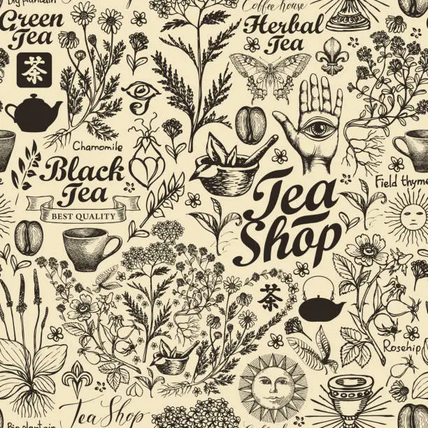 Vector illustration of vector seamless pattern on the theme of tea