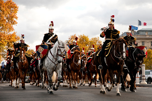 Republican guard : cavalry on Quai d'Orsay, near Esplanade des Invalides, in Paris - France.  Horse parade, November 19, 2017