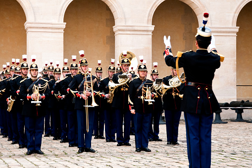Republican guard :    musicians in Les Invalides courtyard, for a tribute.  Paris - France, October 10, 2019