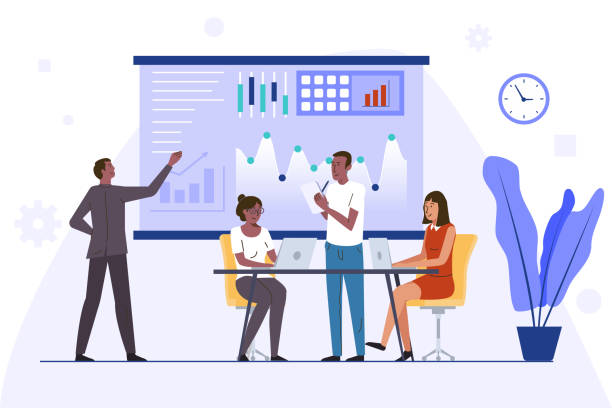 bildbanksillustrationer, clip art samt tecknat material och ikoner med grupp av olika kollegor som använder bärbara datorer och göra anteckningar samtidigt analysera diagram ombord när du arbetar i office tillsammans. - affärsstrategi
