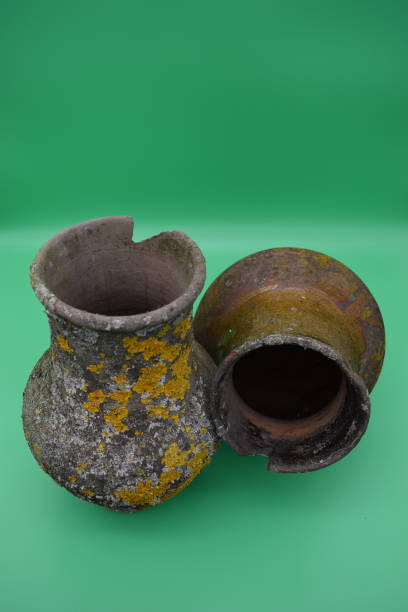 istock Old clay pots are covered with mold on a green background. 1198522222