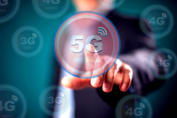 istock Businessman in suit press virtual 5g button. People and technology concept 1198533674