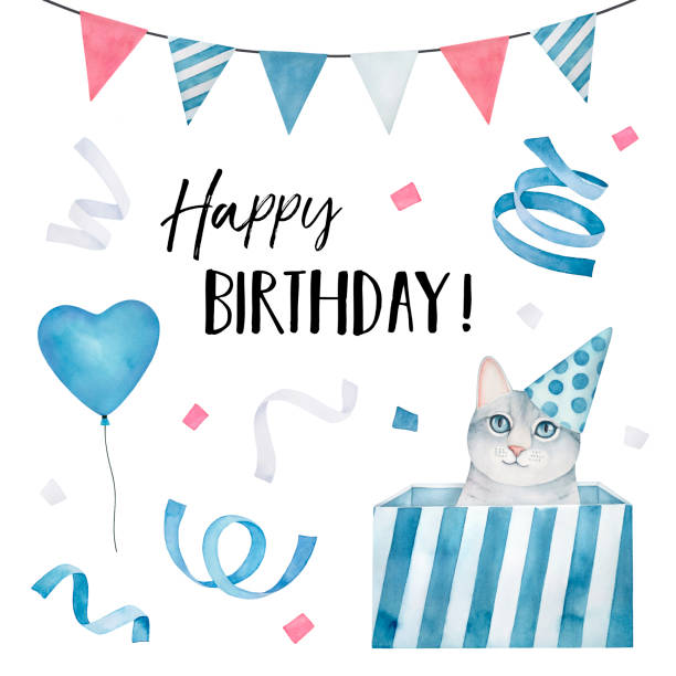 ilustrações de stock, clip art, desenhos animados e ícones de happy birthday card with little pretty kitten in party hat, gift box, flying balloon, colorful streamers, flags and confetti. blue, white, pink colors; square shape. hand painted watercolour drawing. - party hat birthday confetti streamer