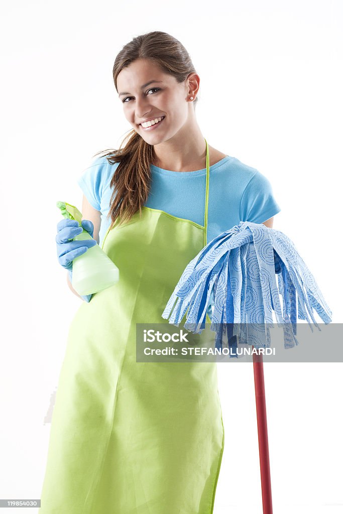 Happy Woman With Mop and Spray Bottle  25-29 Years Stock Photo