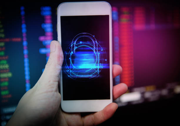 istock Data security systems on mobile phone with locked padlock for protect crime by an anonymous hacker - technology background cyber security on smartphone hand concept 1198542837