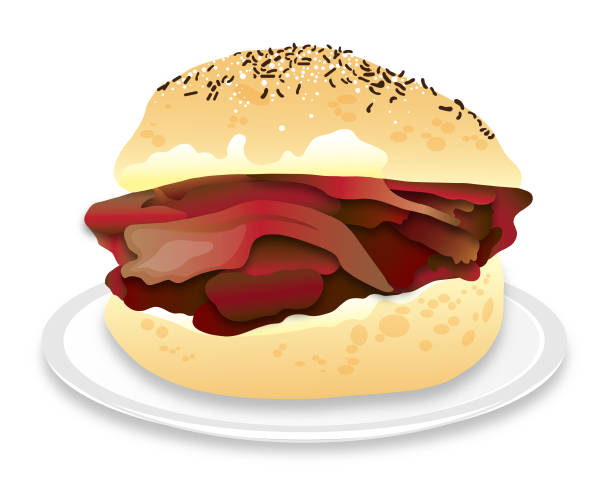 illustrazioni stock, clip art, cartoni animati e icone di tendenza di manzo in stile bufalo su rotolo di weck duro o sandwich di roast beef caldo - roast beef illustrations