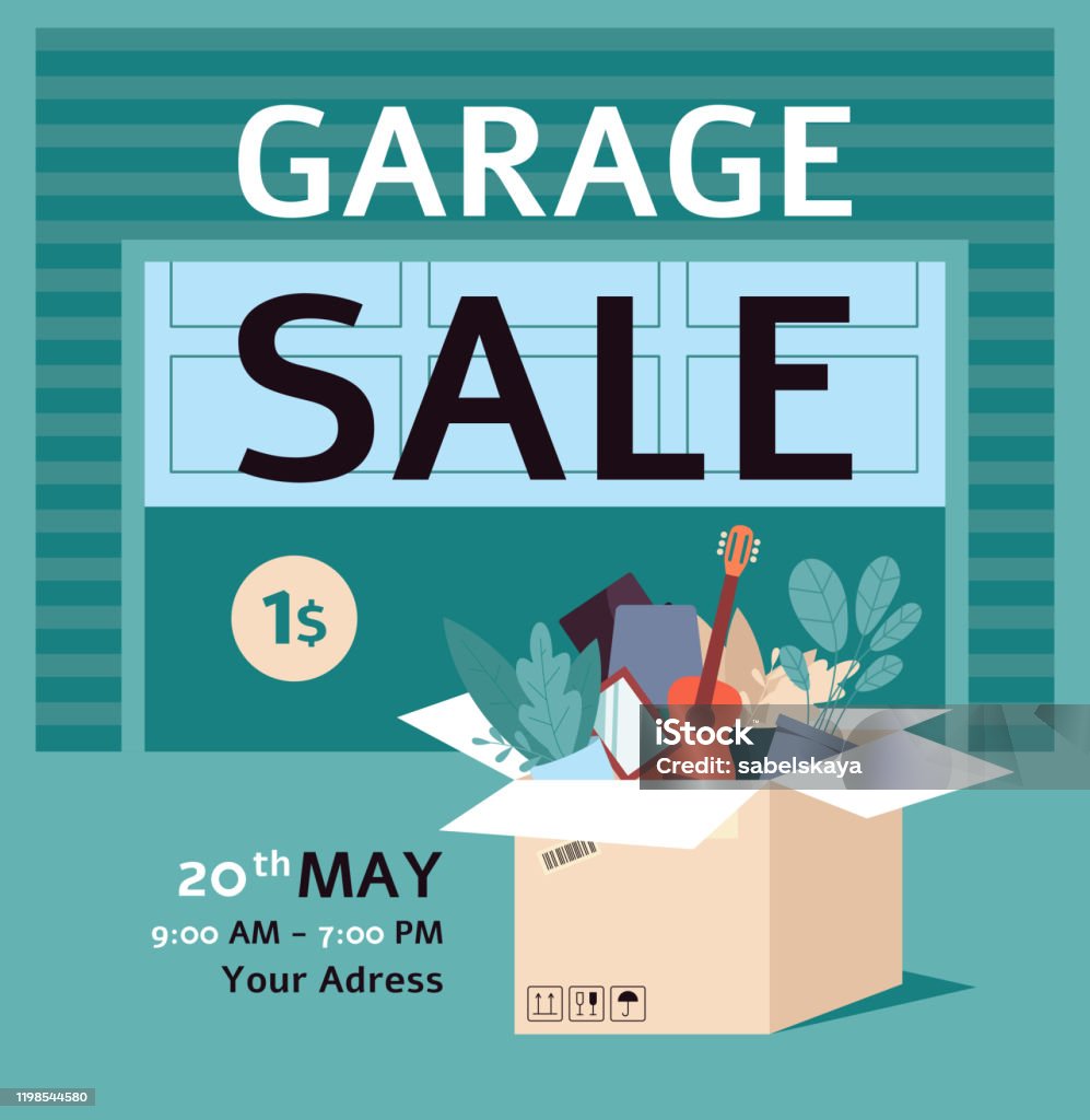 Garage försäljning annons affisch mall med platt tecknad Box full av grejer - Royaltyfri Garageförsäljning vektorgrafik