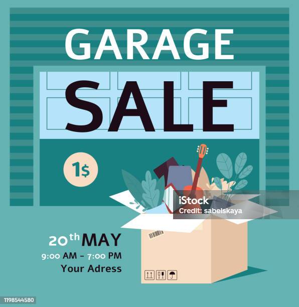 Garage Försäljning Annons Affisch Mall Med Platt Tecknad Box Full Av Grejer-vektorgrafik och fler bilder på Garageförsäljning