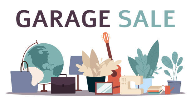 Garage sale banner with flat cartoon furniture objects arranged on the floor Garage sale banner with flat cartoon furniture objects arranged on the floor - house plants, guitar, books and others. Flea market old stuff clutter - isolated vector illustration mirror object patterns stock illustrations