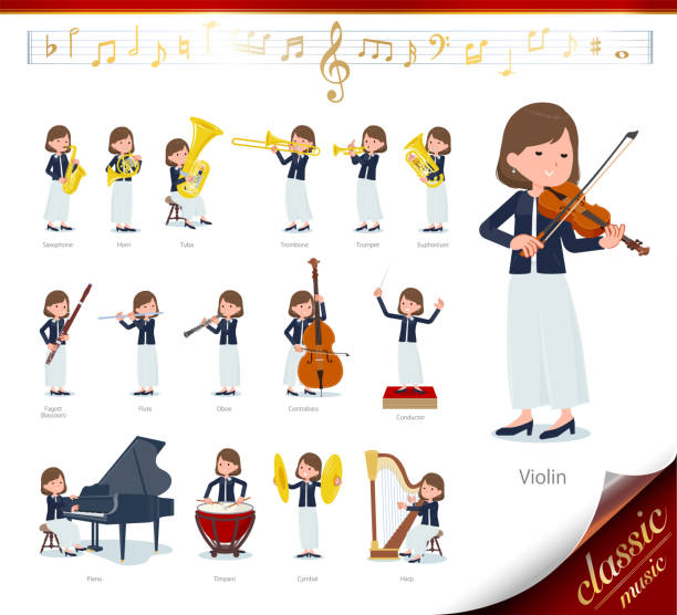 illustrazioni stock, clip art, cartoni animati e icone di tendenza di pantaloni larghi formali piatti women_classic musica - conductor female women classical concert