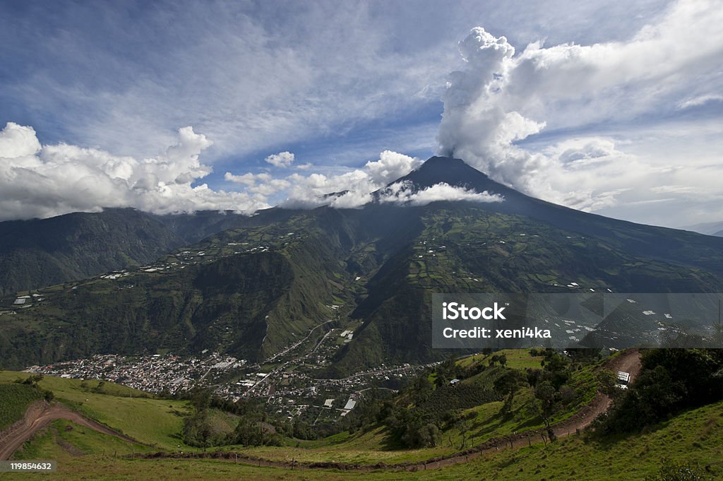 City Baños on the foothills of Volcano Tungurahua, recovery path  Active Volcano Stock Photo