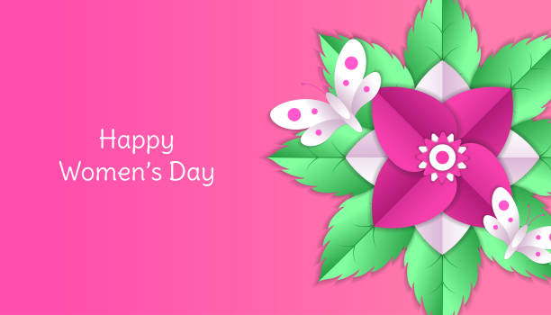 istock Happy women's day background with flower, leaf, butterfly paper cut 3d floral decoration in pink and white color 1198549088