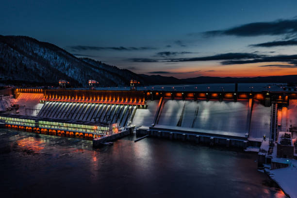 Krasnoyarsk hydroelectric power station hydroelectric power station backlight krasnoyarsk krai photos stock pictures, royalty-free photos & images