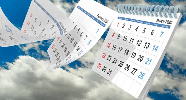 march 2020 calendar fllying pages on sky and clouds  backgrround - 3d rendering