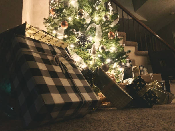 kerstboom met veel verpakte geschenken eronder - xmas tree stockfoto's en -beelden