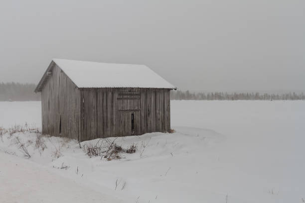 vecchia casa fienile nella tempesta di neve - winter finland agriculture barn foto e immagini stock