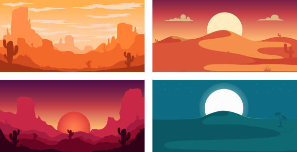 野生の砂漠の風景を持つポスターテンプレートのセット。バナー、チラシ、カードのデザイン要素。ベクトル図 - canyon点のイラスト素材／クリップアート素材／マンガ素材／アイコン素材