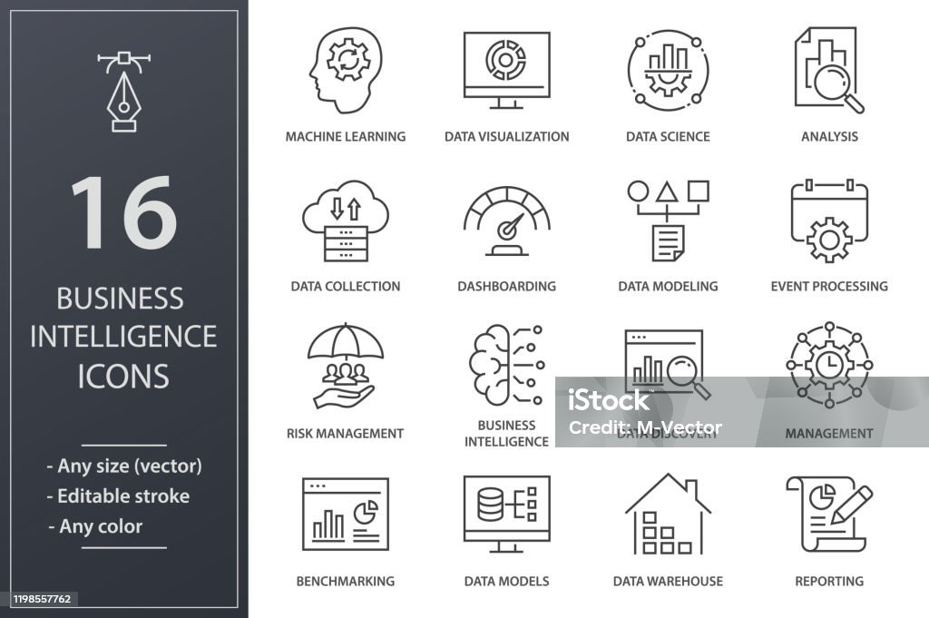 Business Intelligence line icons set. Black vector illustration. Editable stroke. Set of business Intelligence icons, such as machine learning, data modeling, visualization, risk management and more. Editable stroke. Data stock vector