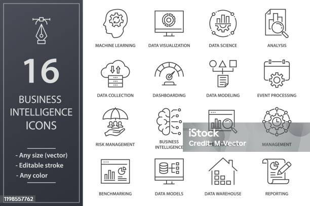 Business Intelligence Line Icons Set Black Vector Illustration Editable Stroke Stock Illustration - Download Image Now