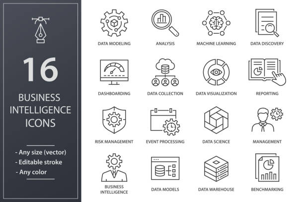 Business Intelligence line icons set. Black vector illustration. Editable stroke. Set of business Intelligence icons, such as machine learning, data modeling, visualization, risk management and more. Editable stroke. reporting stock illustrations