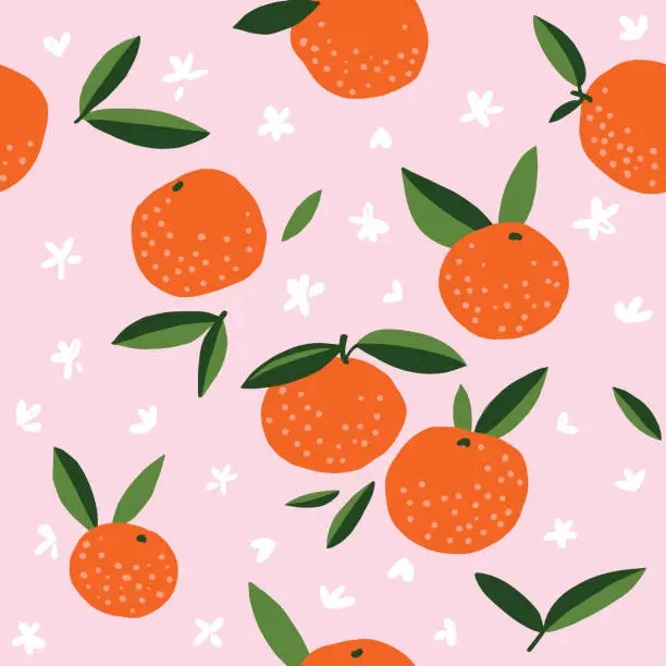 Vector illustration of Mandarins seamless pattern for print, textile, fabric. Modern hand drawn stylized citrus fruits background