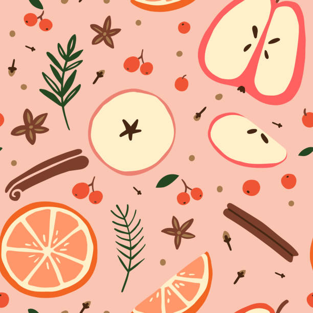 illustrazioni stock, clip art, cartoni animati e icone di tendenza di ingredienti di vin brulè su sfondo rosa. design per menu, carta da parati, tessuto, carta da imballaggio o decorazione per le vacanze. illustrazione vettoriale disegnata a mano - cinnamon stick spice food