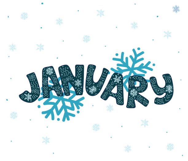 ilustrações, clipart, desenhos animados e ícones de mês de inverno de janeiro: design de texto de letras de ciano azul com flocos de neve e ornamento de neve - ilustração vetorada à mão - january