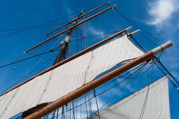 The sails, mast and shrouds of a vintage tall ship.