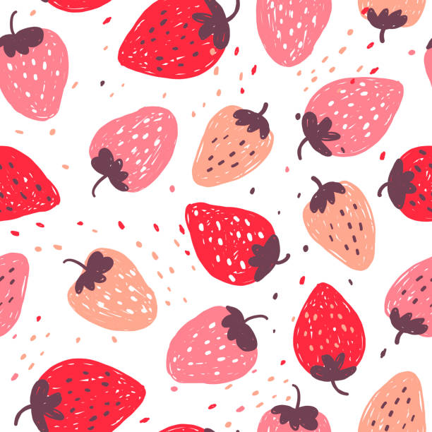 Abstract strawberry doodle seamless pattern Fruits vector background fruit patterns stock illustrations