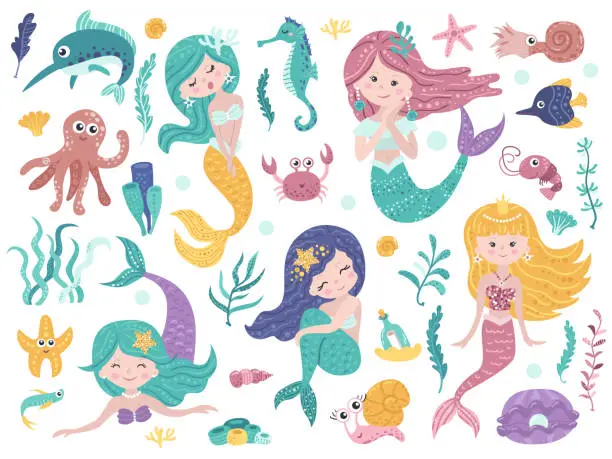 Vector illustration of Set of cute mermaids and sea nature.