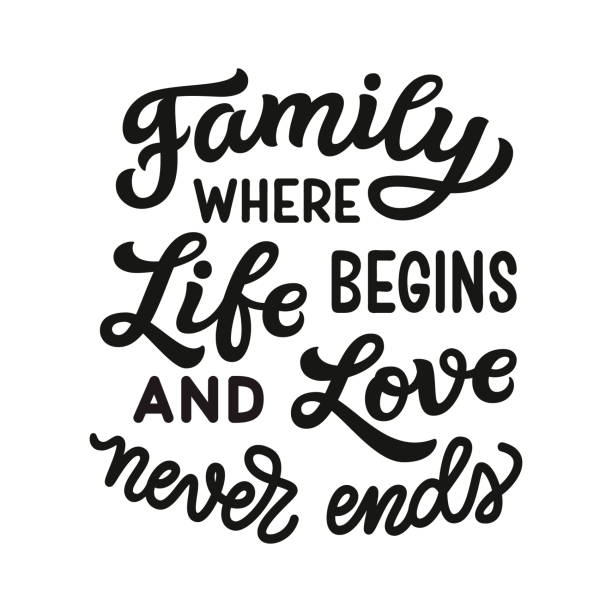 Family lettering quote Family where life begins and love never ends. Hand drawn family inspirational quote isolated on white background. Vector typography for home decor, posters, prints, pillows family word stock illustrations