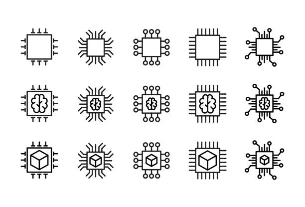 Icon set of chip. Icon set of chip. Editable vector pictograms isolated on a white background. Trendy outline symbols for mobile apps and website design. Premium pack of icons in trendy line style. semiconductor stock illustrations