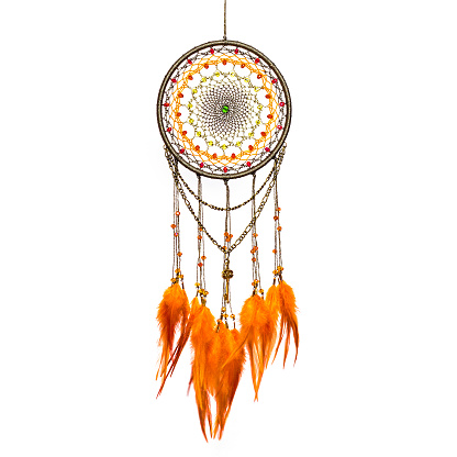 Dream catcher with feathers threads and beads rope hanging. Dreamcatcher handmade isolated on white