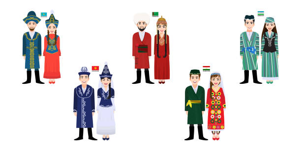 illustrations, cliparts, dessins animés et icônes de ensemble de 10 hommes et femmes d'asie centrale caractères de dessin animé dans le costume traditionnel avec le vecteur de drapeau - tajik flag