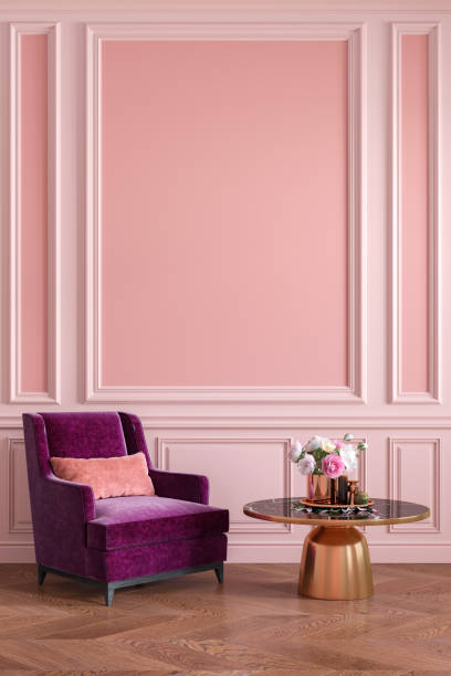 istock Classic pink interior with armchair, coffee table, flowers and wall moldings. 3d render illustration mockup. 1198575825