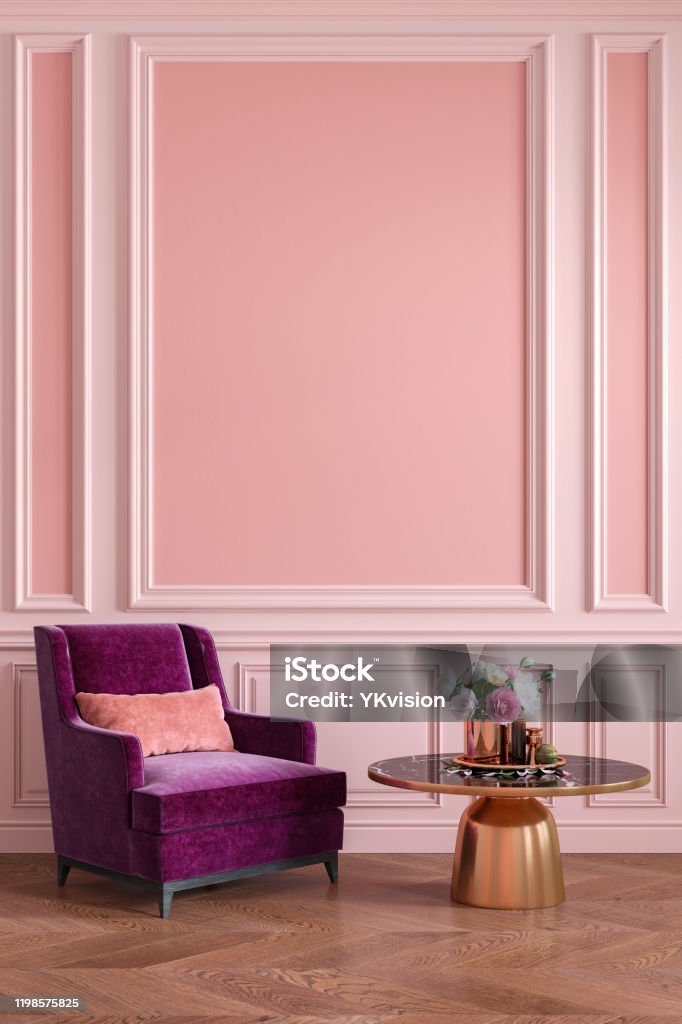 Classic pink interior with armchair, coffee table, flowers and wall moldings. 3d render illustration mockup. Pink Color Stock Photo