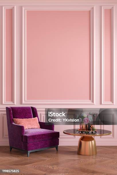 Classic Pink Interior With Armchair Coffee Table Flowers And Wall Moldings 3d Render Illustration Mockup Stock Photo - Download Image Now