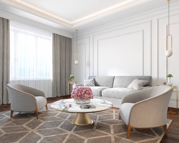 istock Classic white interior with sofa, armchairs, coffee table, carpet, flowers and wall moldings. 3d render illustration mockup. 1198575889
