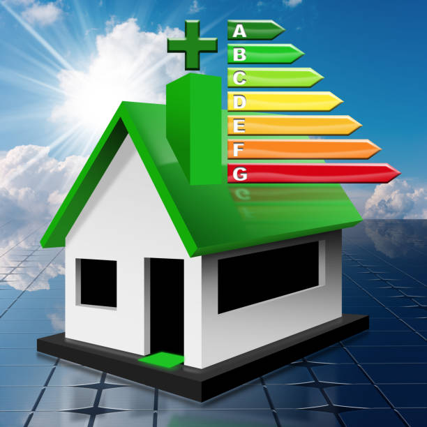 haus energieeffizienz bewertung - wohngebäude auf einem solarpanel - additionstaste grafiken stock-fotos und bilder