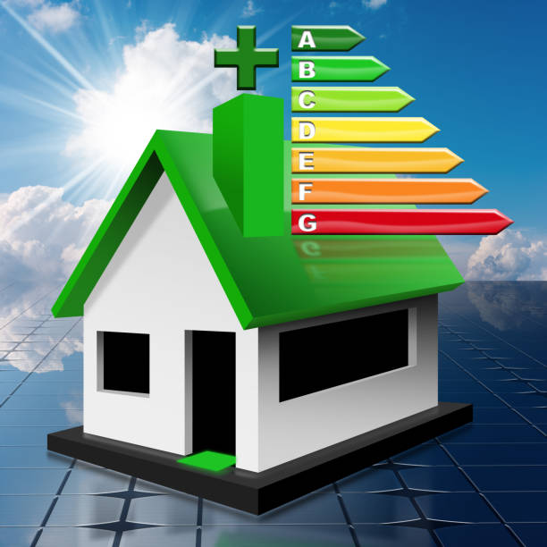 istock House Energy Efficiency Rating - Residential building on a solar panel 1198577769