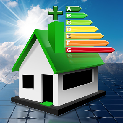 House energy efficiency rating. 3d illustration of a residential building with the energy performance chart, on a solar panel with blue sky, clouds and sun rays
