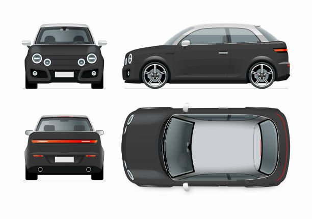 istock Modern compact city car mockup. Side, top, front and rear view of realistic small black noname car isolated on white background. 1198578368