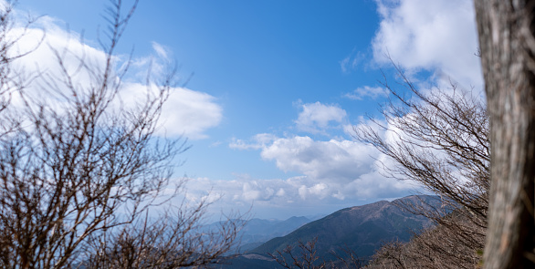 Scenic panorama landscape view of Kanagawa Prefecture from the peak of Mt. Oyama in Isehara, Kanagawa Prefecture, Japan.
