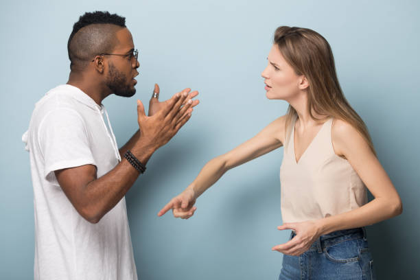 istock Angry multiracial couple engaged in fight having relations problems 1198585695