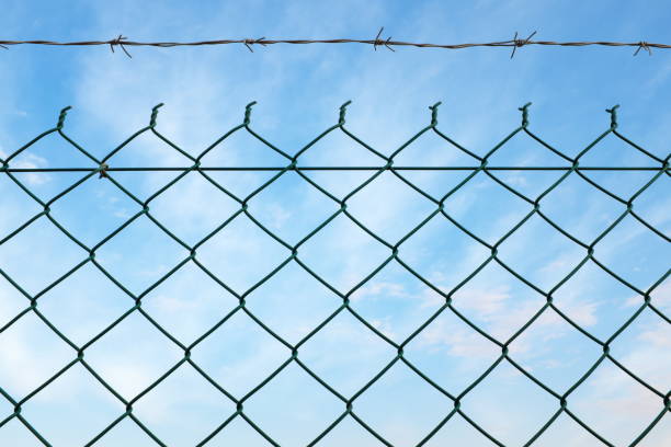 istock Chain link wire fence against a clear blue spring summer sky 1198586862