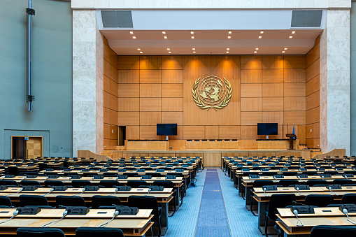 Geneva, Switzerland - April 15, 2019:  An assembly hall in the Palace of Nations - UN headquarters in Geneva, Switzerland - image
