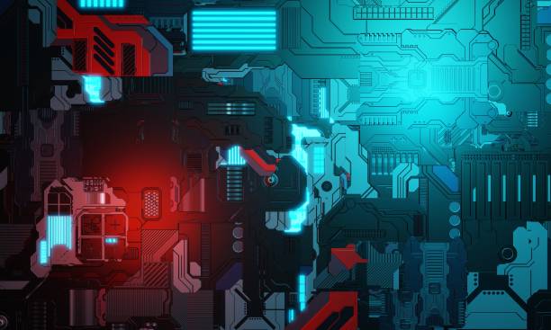 istock Top view to abstract high tech electronic PCB (Printed circuit board) background in blue and red color. 3d illustration background. 1198588442