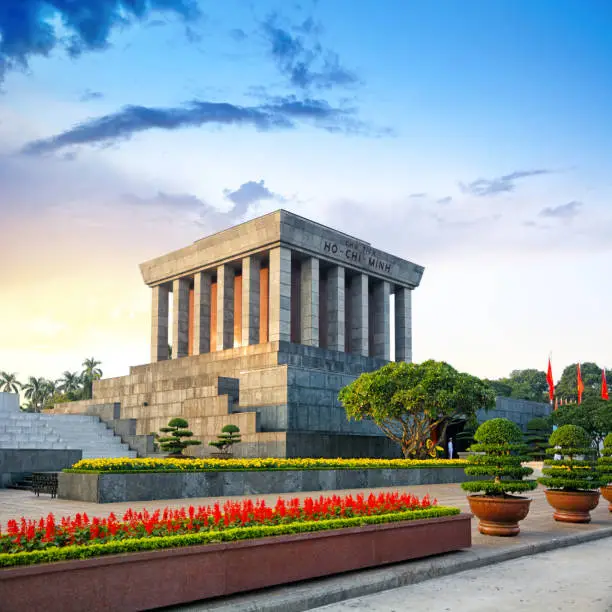 The Ho Chi Minh Mausoleum in the city of Hanoi, northern Vietnam. Composite photo